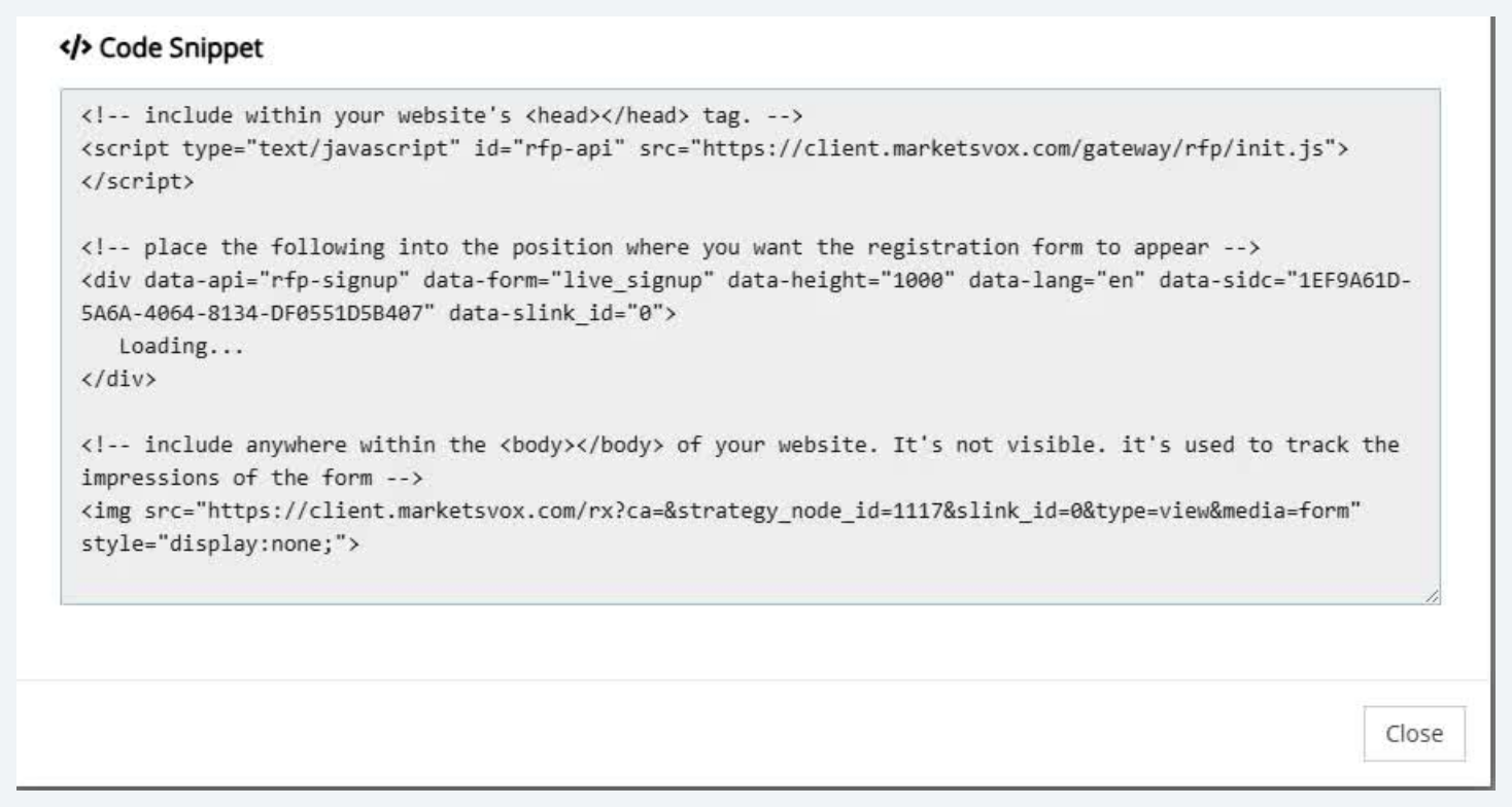 Code Snippet modal showing script tag pointing to client.marketsvox.com gateway rfp init.js, form placeholder div with data attributes, and tracking pixel image
